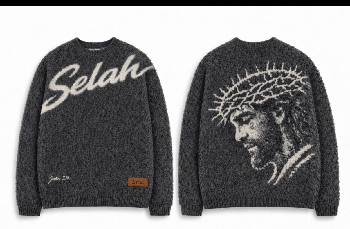 Bouclé Knit Crewneck in ash with Selah chest script and John 3:16 hem