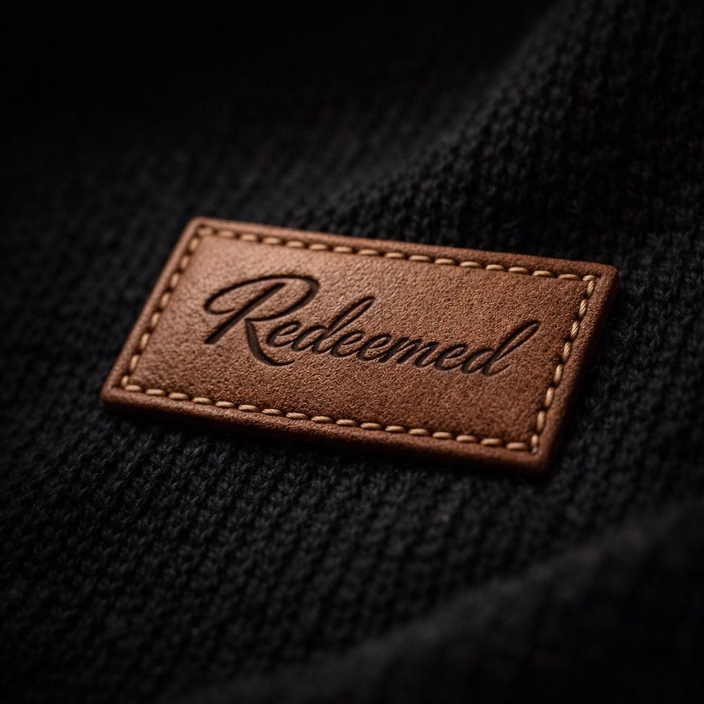 Vegetable-tanned leather Redeemed patch on black knit