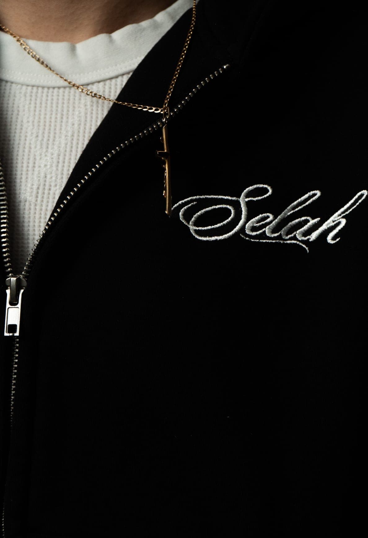 Selah chest embroidery with gold crucifix