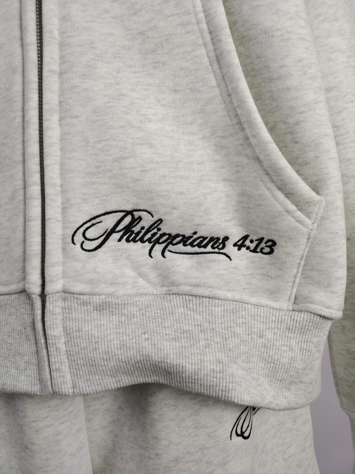 Philippians 4:13 embroidery in ink on bone fleece