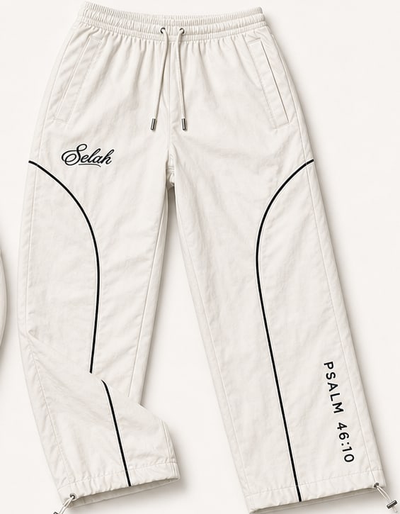 Stillness Track Pant in bone — flat lay with Psalm 46:10 at the leg