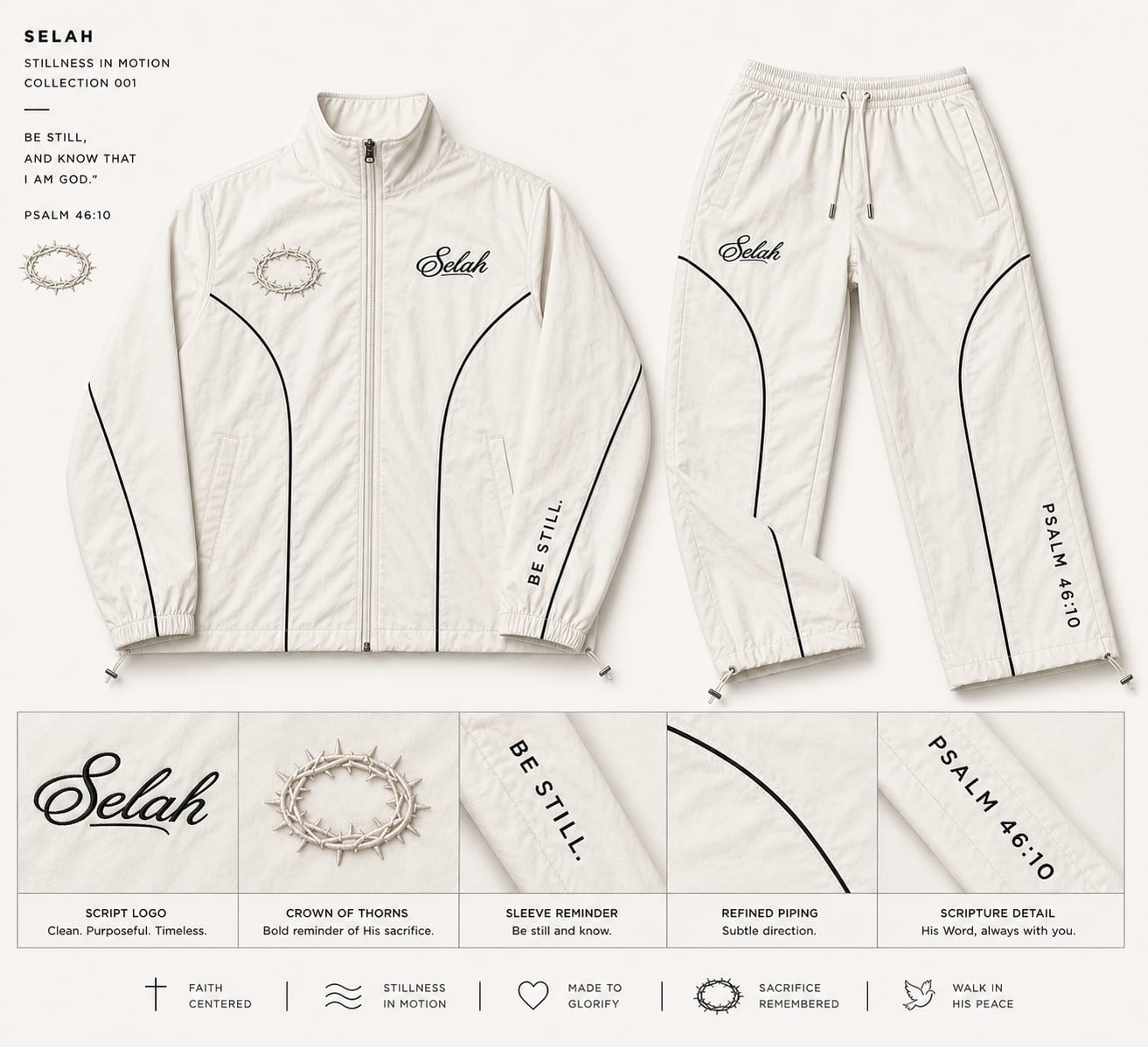 Collection 001 design study — the Stillness tracksuit with detail plates