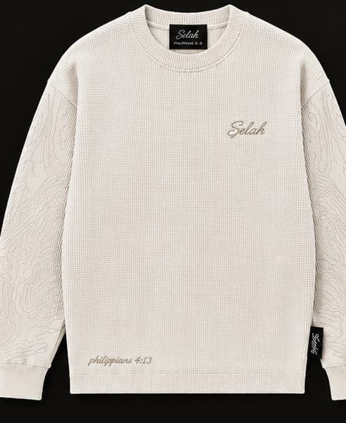 Waffle Knit Thermal in vintage washed cream — Selah chest script and Philippians 4:13 hem